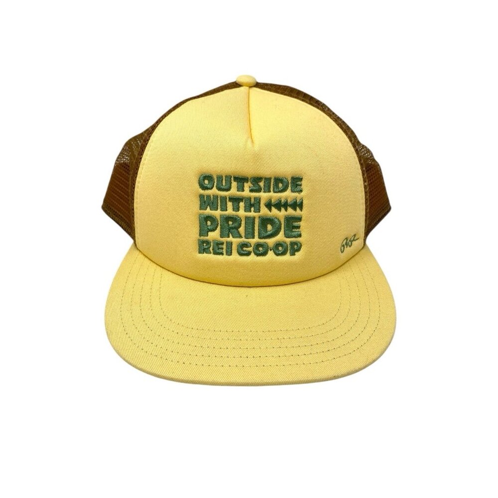 REI ' Outside with Pride ' Yellow & Brown Trucker Mesh Snapback Hat OSFM EUC‎